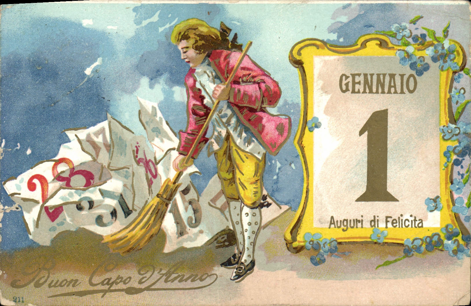 Jeune homme balayant les chiffres de l'année — Gennaio 1 — Auguri di Felicità — éditeur non visible, n° de série 911