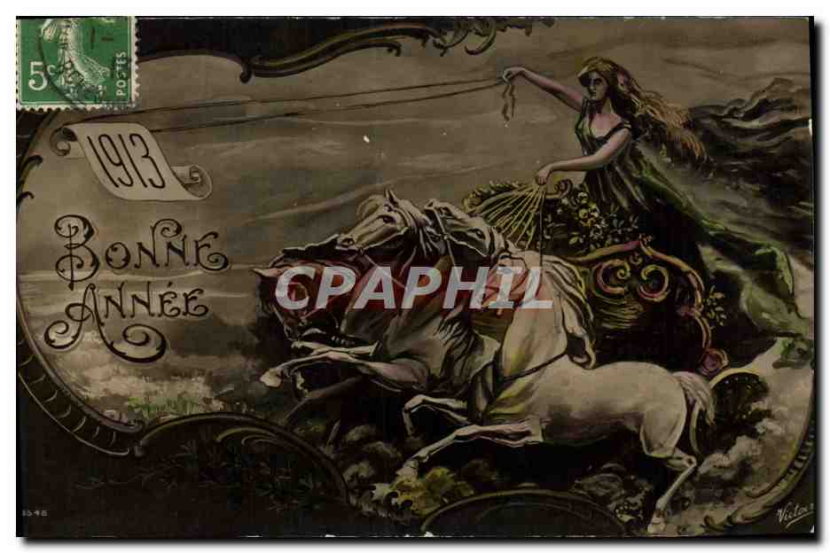 Déesse chevauchant un char à quatre chevaux — Bonne Année 1913 — Victor