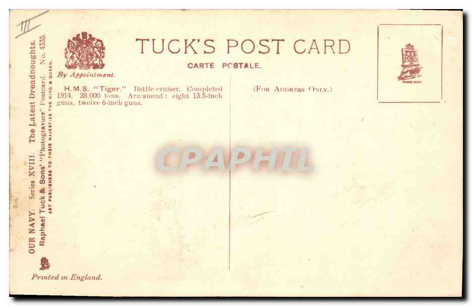 CPA Bateau de Guerre HMS Tiger Tigre — Verso