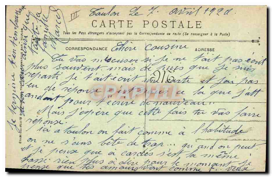CPA Bateau de Guerre Tourville Transport de 1ere classe  — Verso