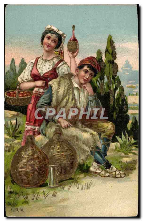 Jeune homme et jeune femme en costume traditionnel — scène de campagne — A.G.M.