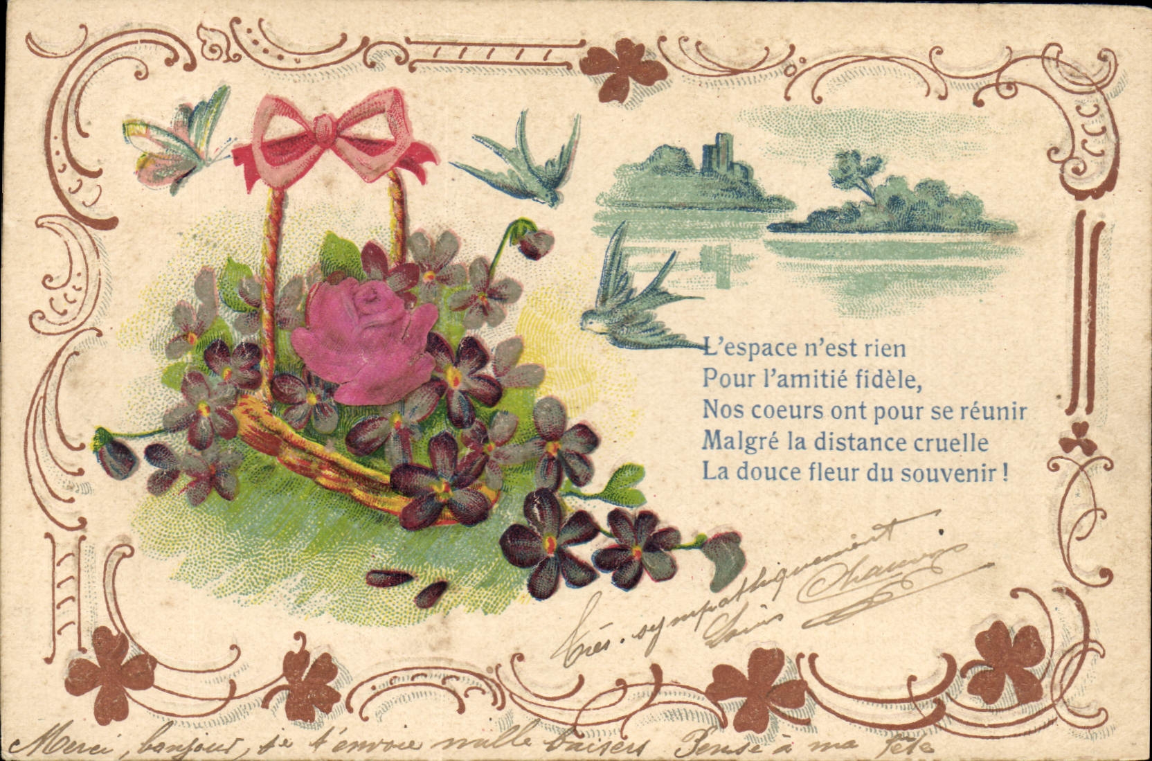 Bouquet de fleurs et oiseaux — Amitié fidèle — Éditeur non identifié