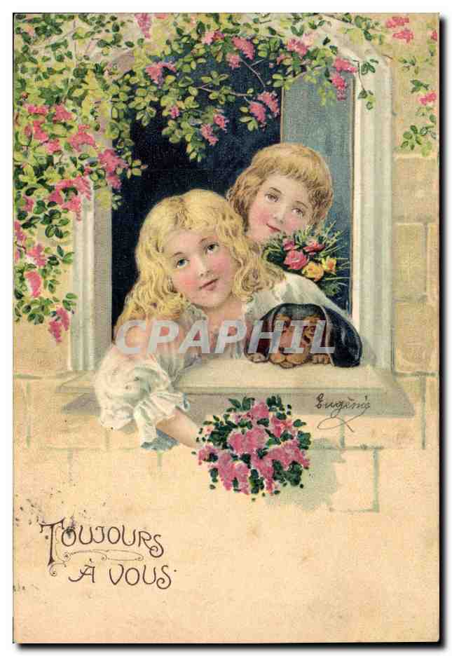 CPA Fantaisie Fleurs Enfants Chien 