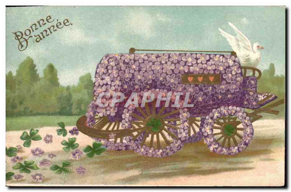 Carrosse fleuri et colombe — Bonne année — Carte postale de Levrez-Lap