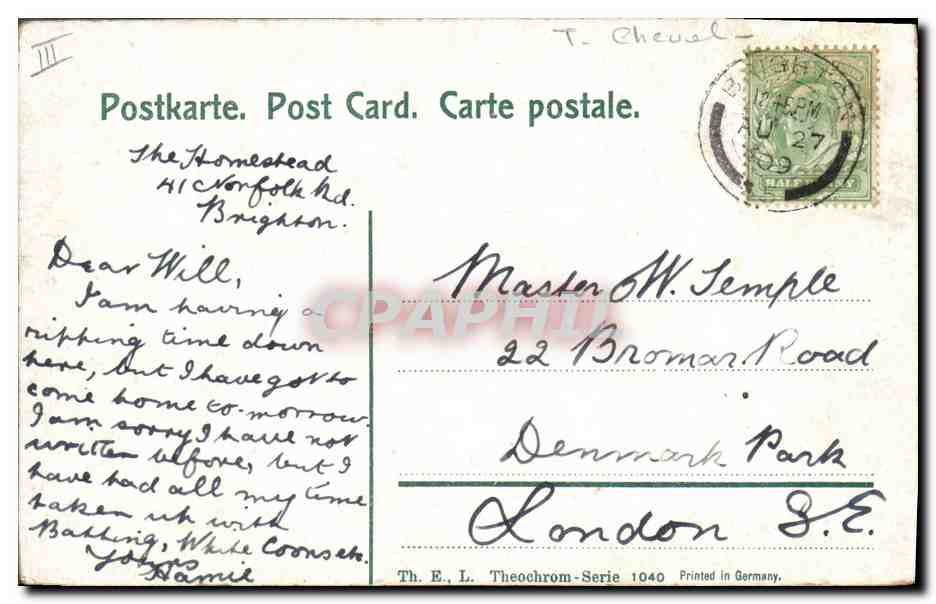 Tête de cheval — avec harnais doré — Th. E. L. Theochrom-Serie 1040 — Reverso