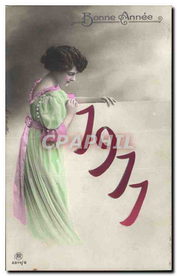 Femme en robe verte et rose — Bonne Année 1927 — CPAPHIL 2514/6