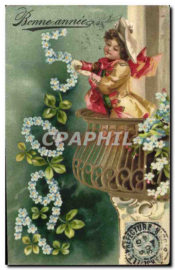 Enfant sur balcon — 'Bonne année' — éditeur non visible