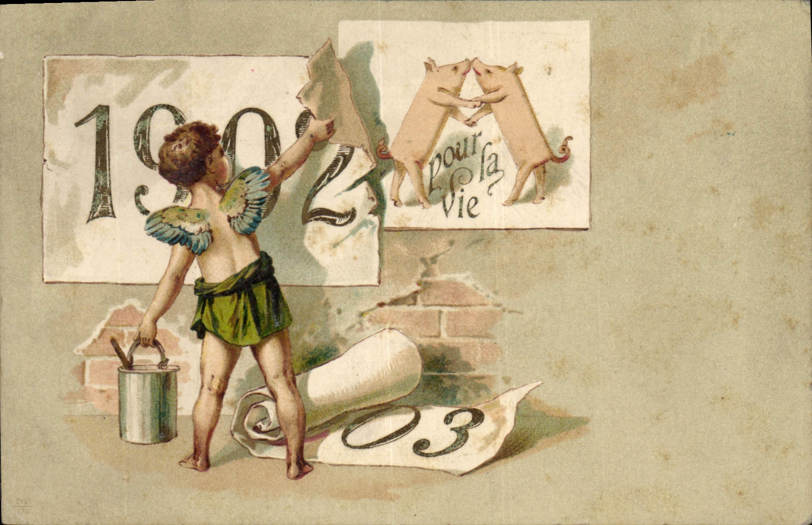 Enfant déchirant l'année 1902 — Annonce de l'année 1903 avec deux cochons — CPAPHIL