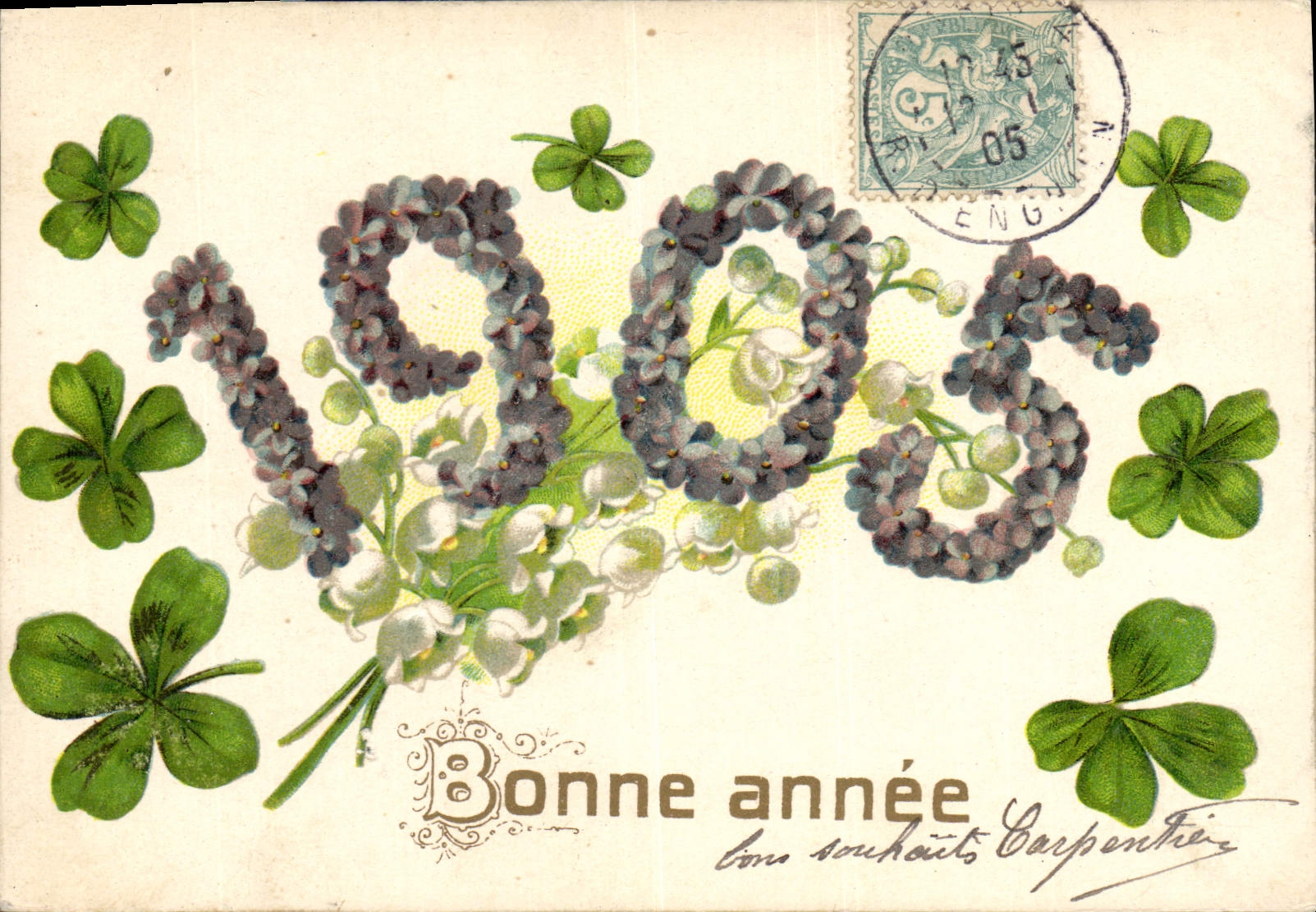Bonne année 1905 — fleurs et trèfles — Carpentier