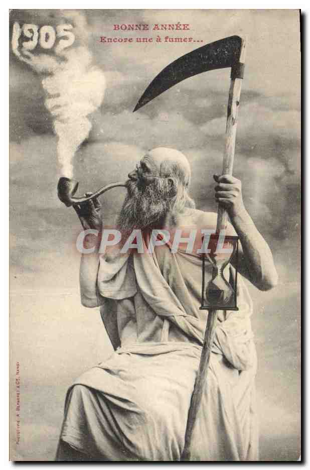 Sage fumant une pipe — avec faux et sablier — éditeur Parisot & Béarnet, n° 1305
