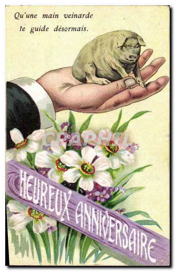 Vintage Postcard Pig Flowers Hand Fantasy