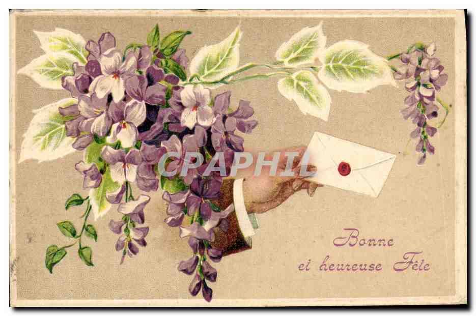 Fleurs de violette et main tenant une lettre — Bonne et heureuse Fête — éditeur non visible