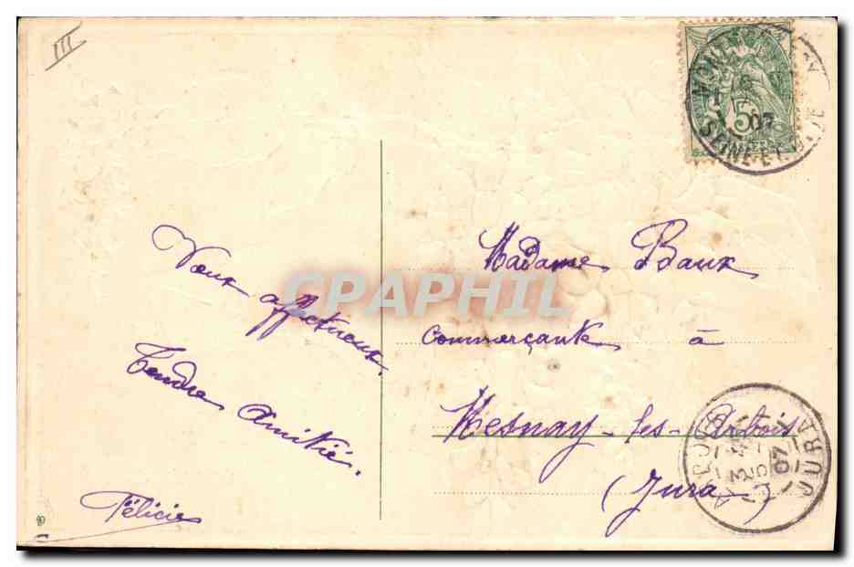 Fleurs de violette et main tenant une lettre — Bonne et heureuse Fête — éditeur non visible — Verso