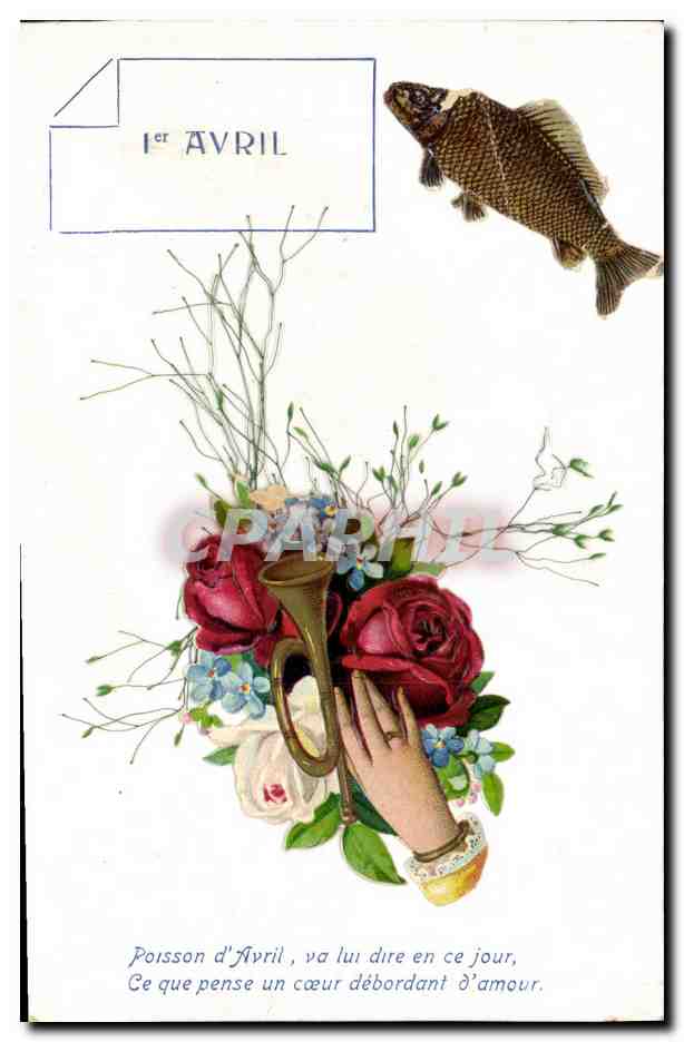 April Fish — April Fish, tell him on this day, What a heart overflowing with love thinks — publisher not visible