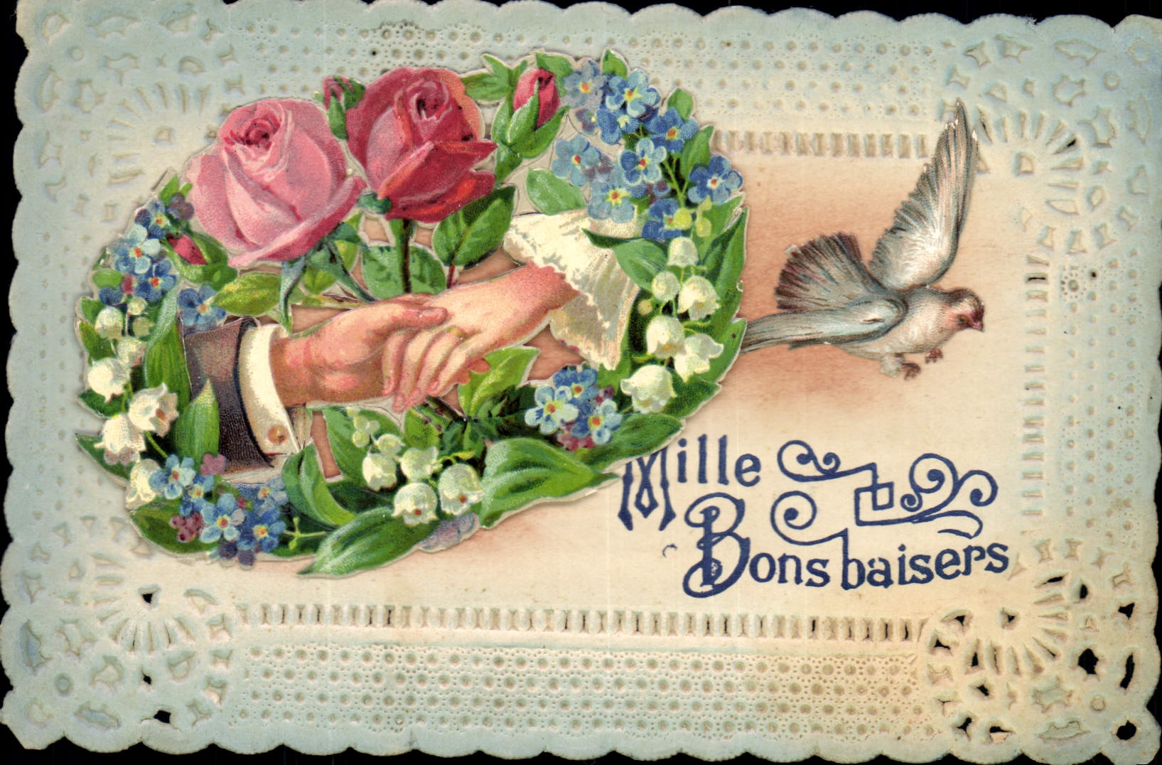Main serrée dans un bouquet de roses et de fleurs — oiseau en vol — éditeur inconnu