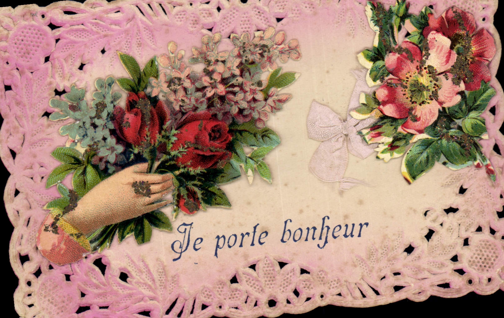 Main tenant un bouquet de roses — 'Je porte bonheur' — Carte postale ornée de dentelle
