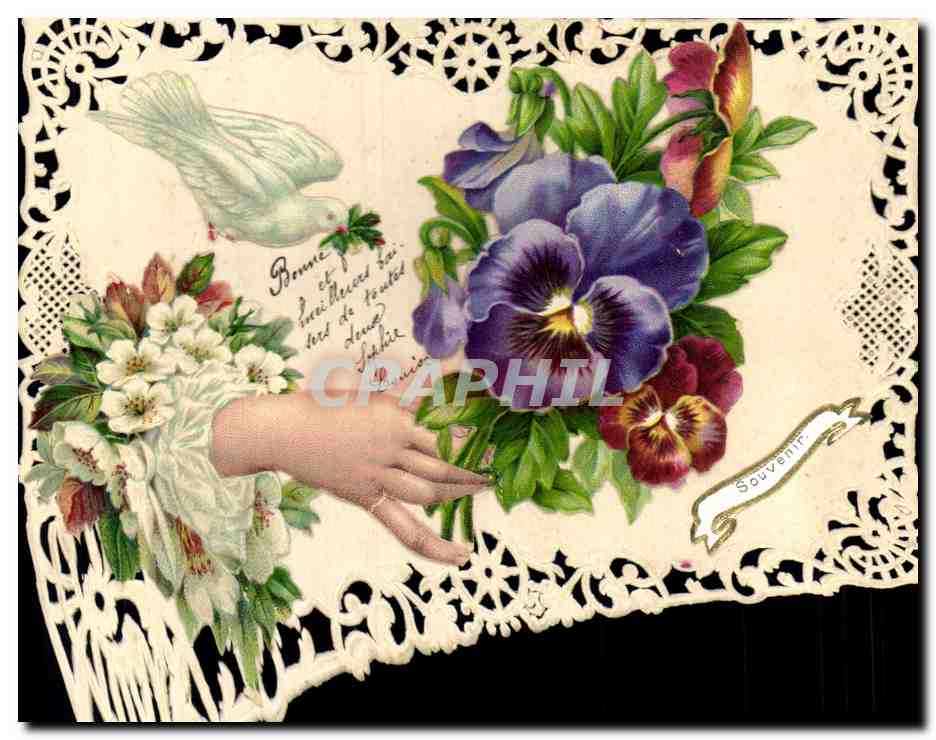 Bloemen en vogel — Herinnering — Antieke ansichtkaart met kantwerk