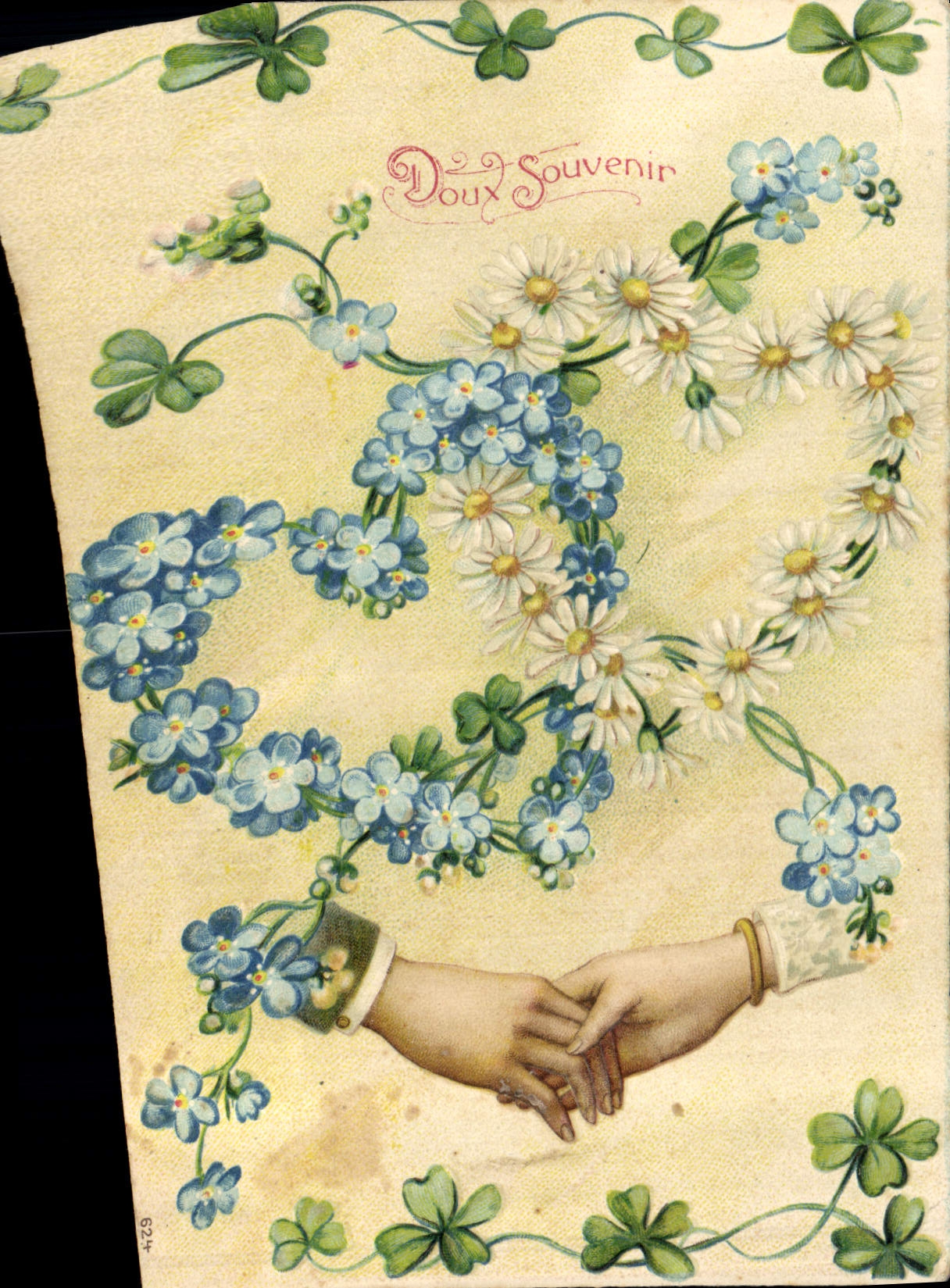 Deux Souvenirs — deux mains se tenant dans un cœur de fleurs — éditeur non visible, n° de série 624