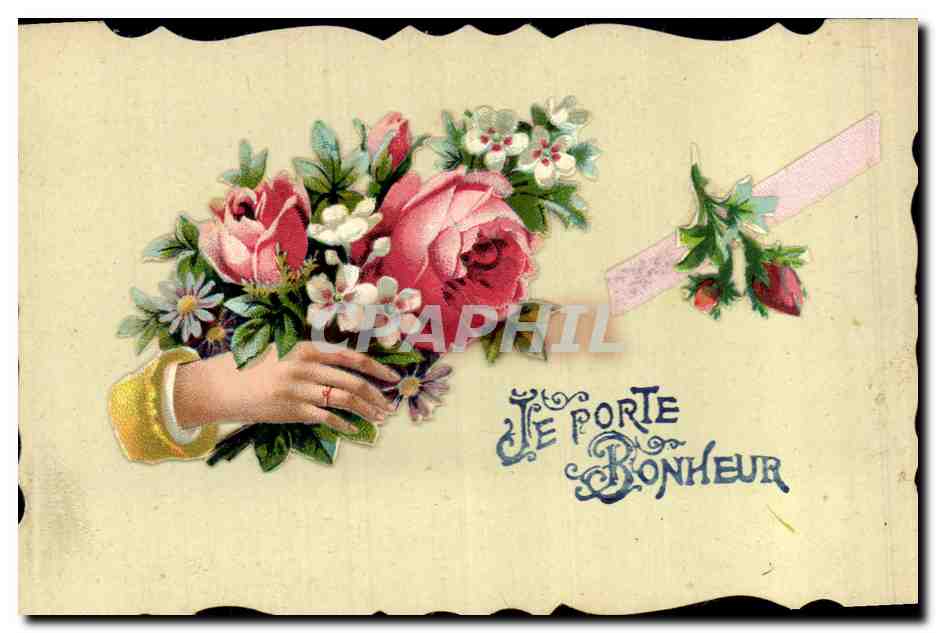 Hand die een bouquet van rozen vasthoudt — Goed voorteken — Antieke ansichtkaart gedateerd 15 maart