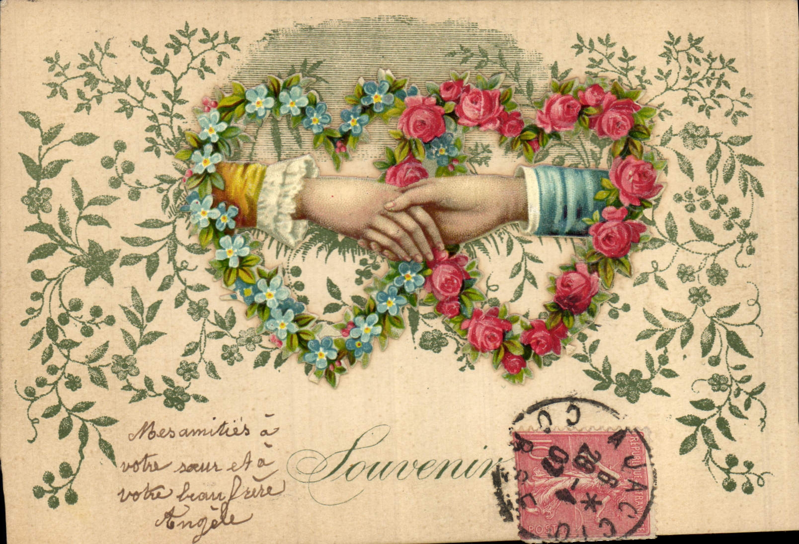 Deux mains se serrant dans un cœur de fleurs — Souvenir — éditeur non visible