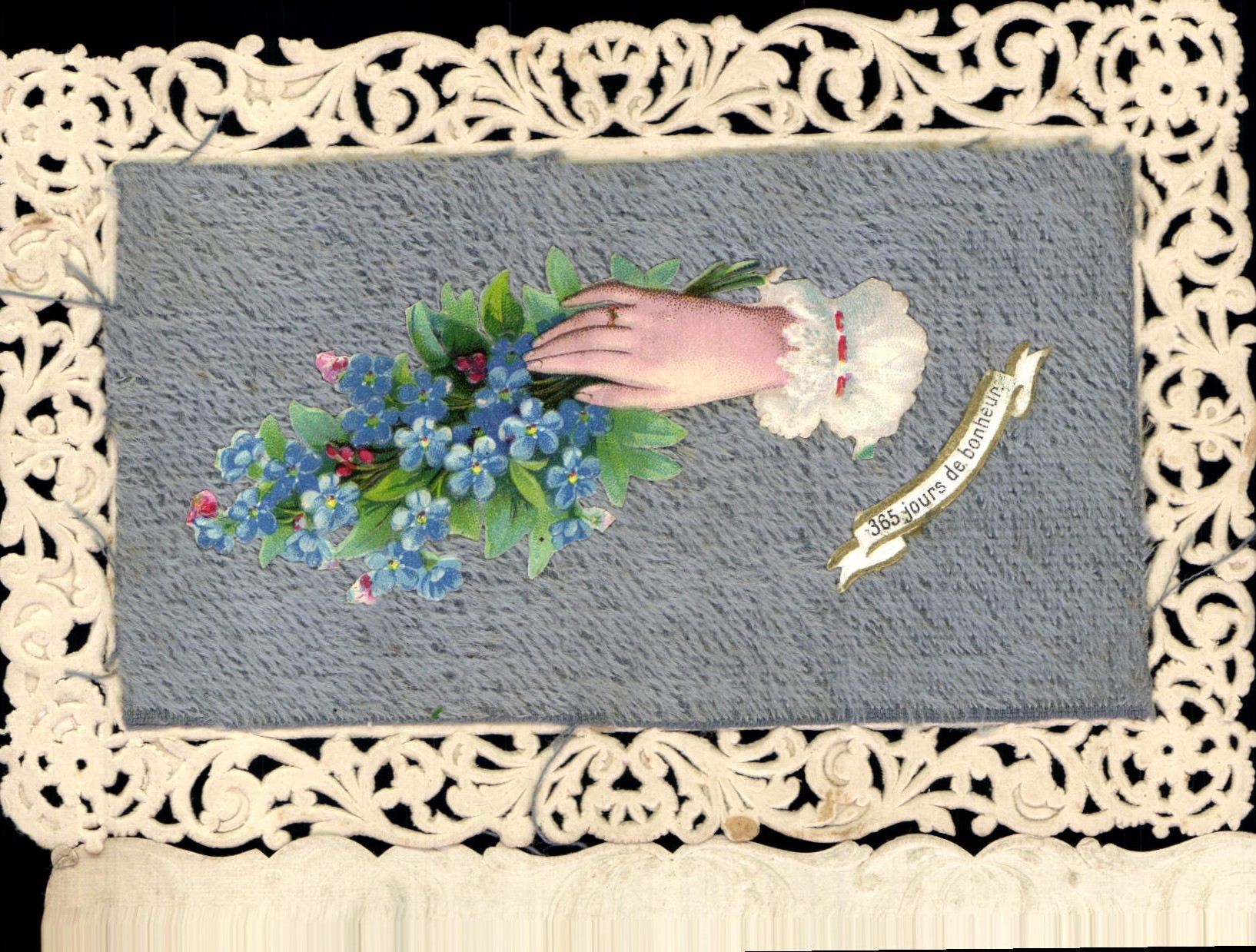 Mano che regge un bouquet d'oblio — 365 giorni di felicità — editore sconosciuto