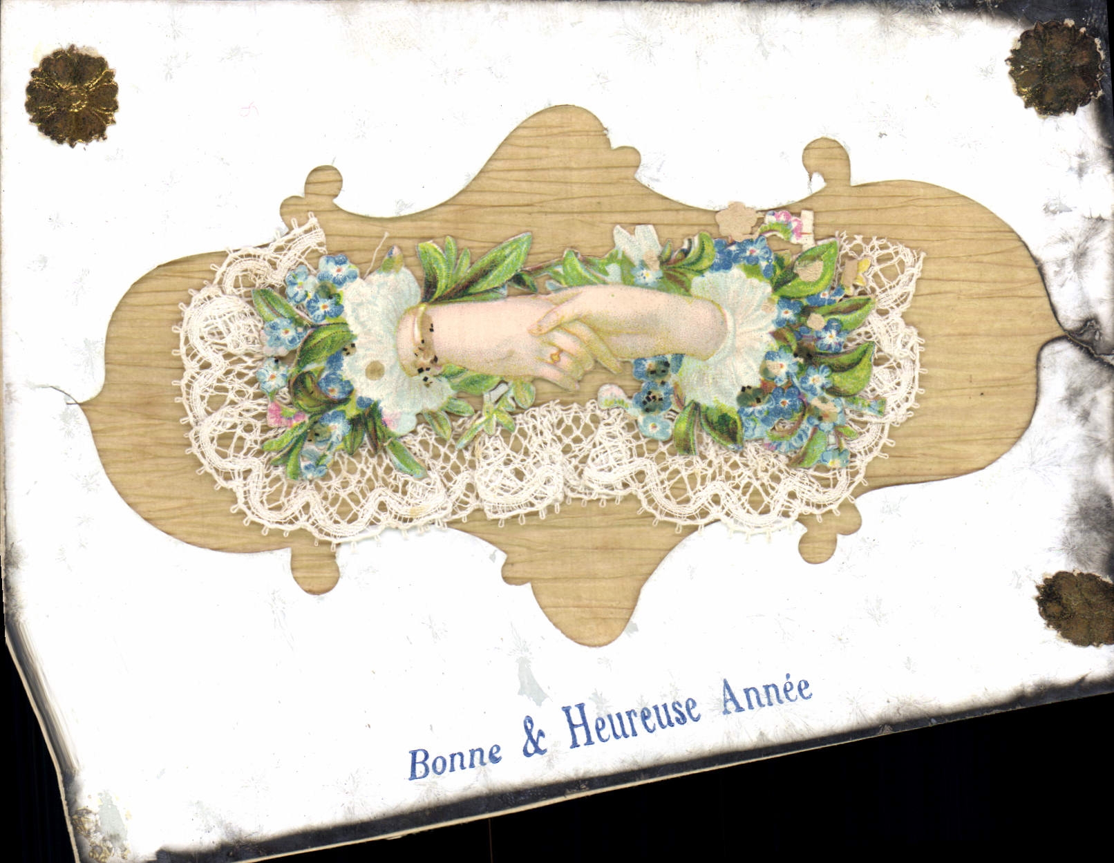 Bonne & Heureuse Année — carte postale de vœux avec décor floral et main — éditeur non identifié