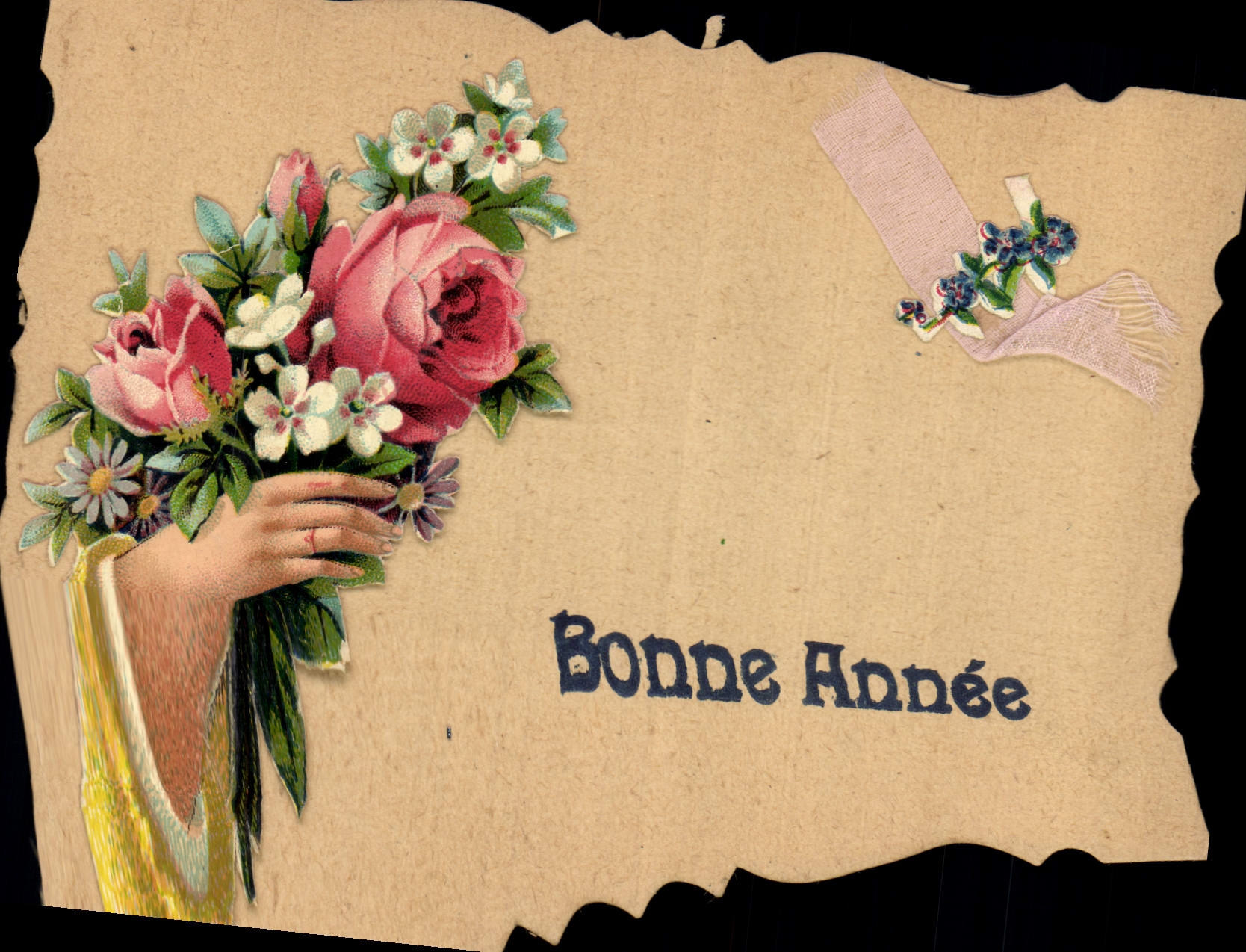 Main tenant un bouquet de roses et fleurs — Bonne Année — Carte postale