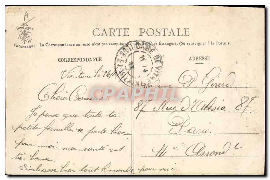 CPA Folklore Jeune homme de Rumengol — Verso
