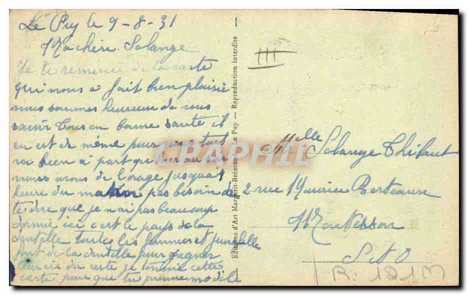 La Dentellière Espatiote — avec sa large coiffure tuyautée, dite à bonnes exclusivement portée au Puy, à Rapaly et à Vala — Éditions d'Art Marquant-Breton, Le Puy — Verso