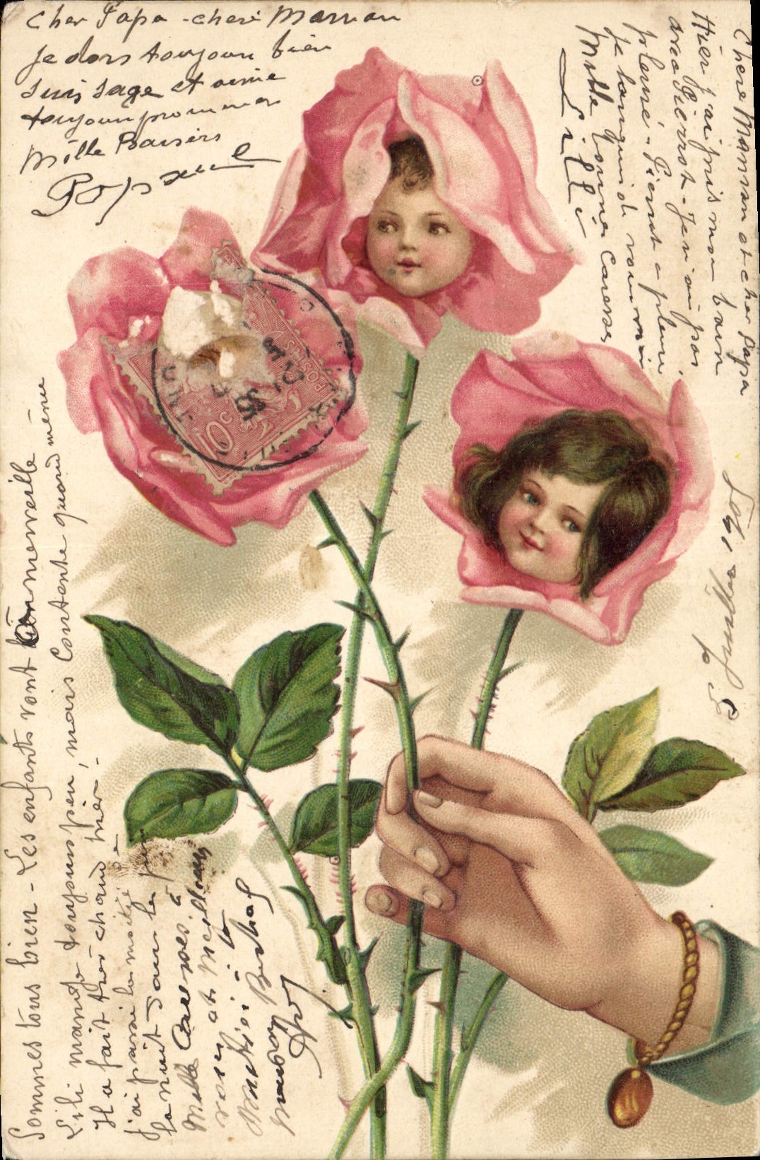 CPA Fantaisie Main Fleurs Enfants