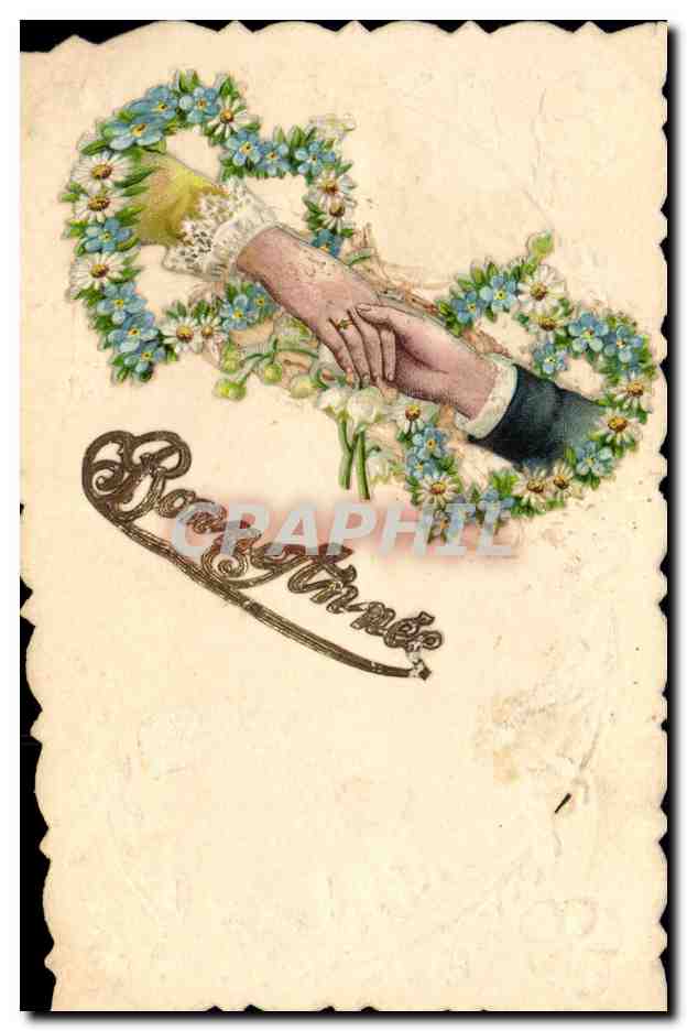 Hand van de bruid — hand van de bruidegom verstrengeld in een bloemenkrans — uitgever Rocqytmnée