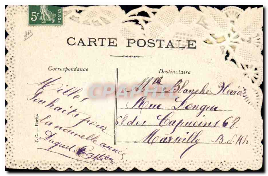 Bonne année — main tenant plume parmi fleurs et colombes — éditeur non visible — Reverso
