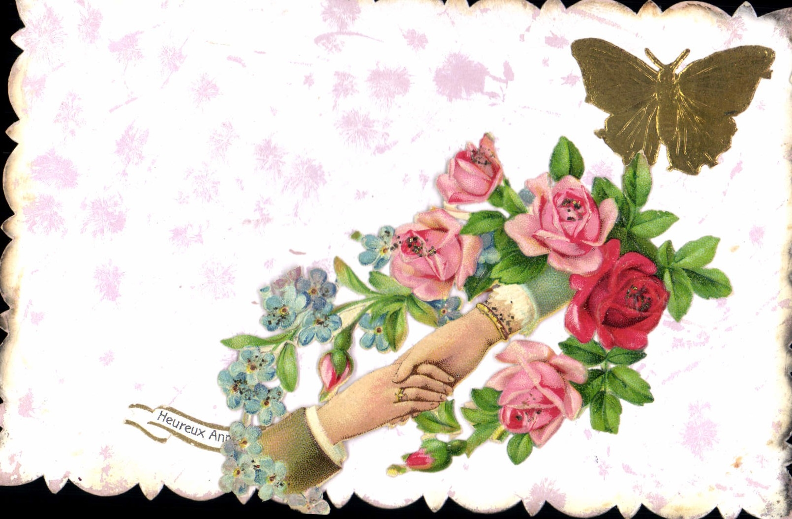 Main tenant un bouquet de roses — texte 'Heureux Anniversaire' — éditeur inconnu