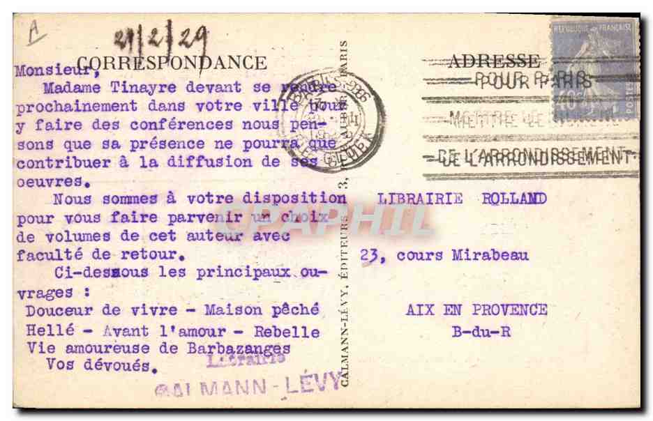Madame Marcelle Tinayre — portrait — Librairie Lévy, Paris — Verso
