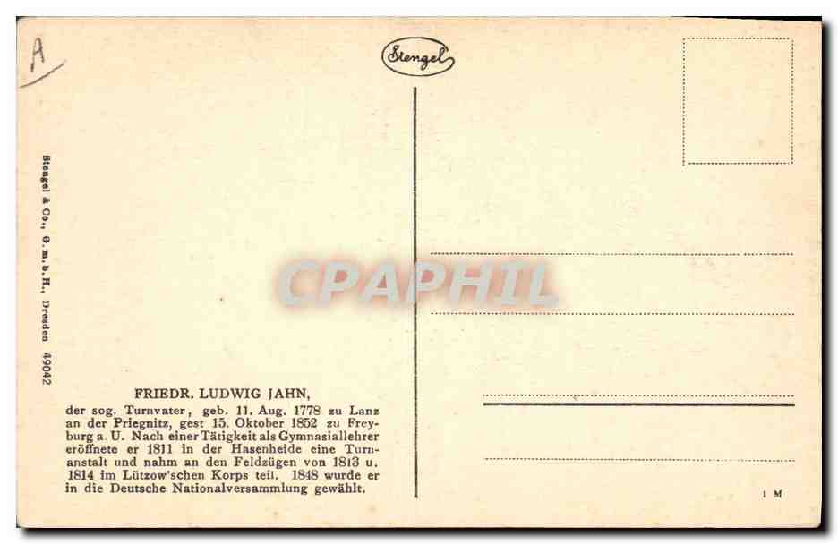 Friedrich Ludwig Jahn — Turnvater et pédagogue — Stengel & Co., Dresden 499042 — Verso