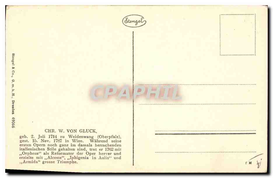 Christoph Willibald Gluck — portrait gravé — Stengel & Co., Dresden 19066 — Verso