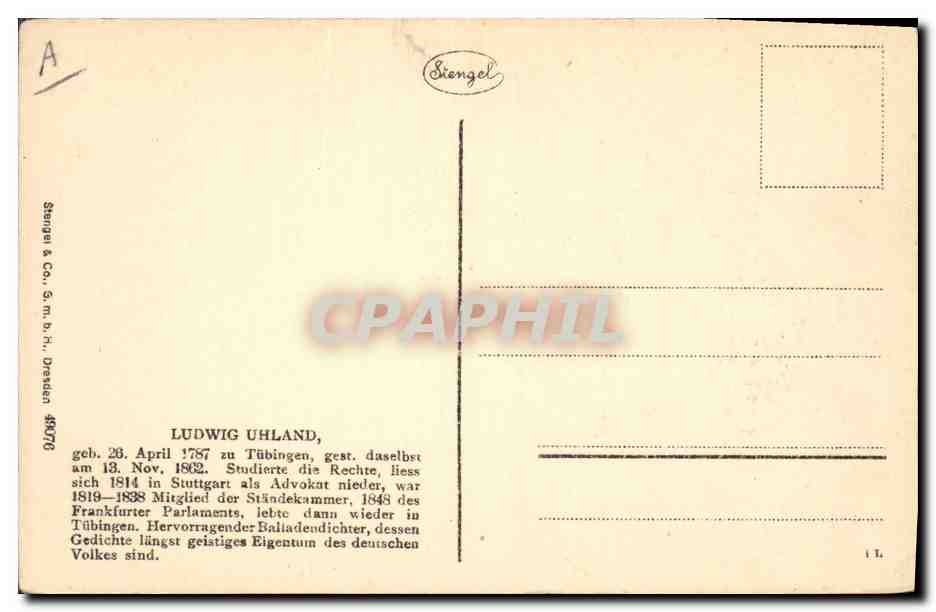 Ludwig Uhland — portrait gravé — Stengel & Co. n° 48076 — Verso