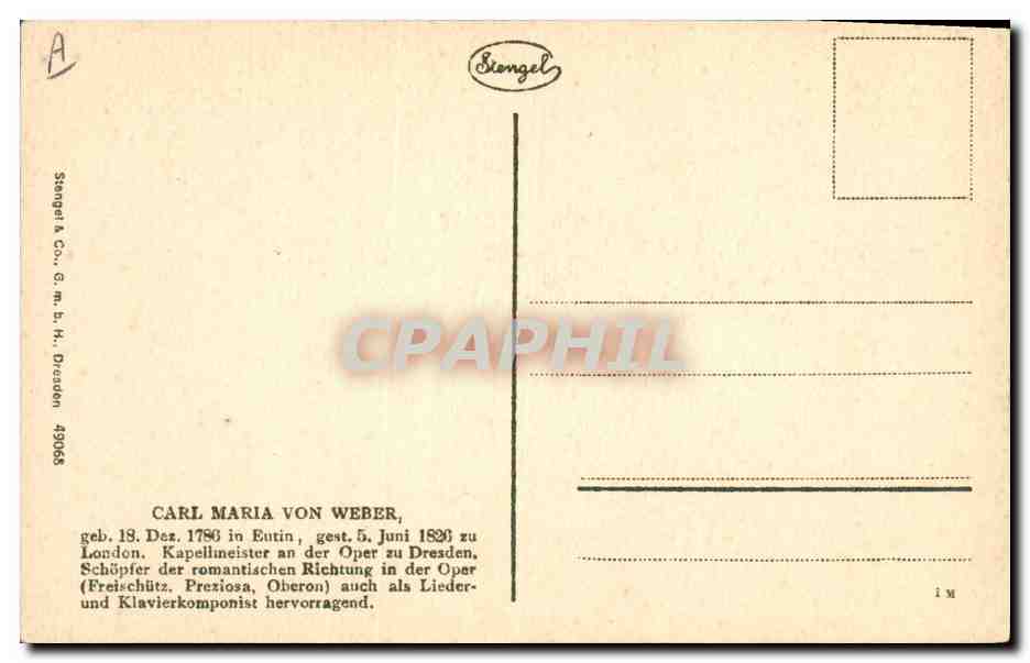 Carl Maria von Weber — portrait gravé — Stengel & Co., Dresden, n° 49065 — Reverso