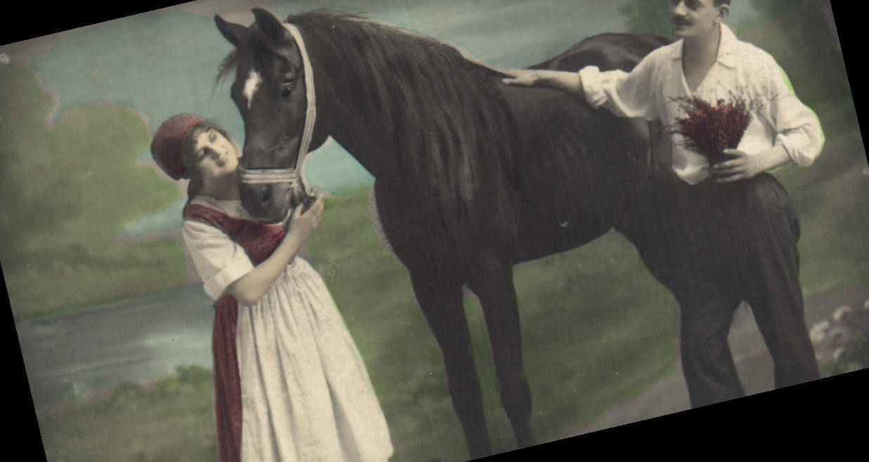 Jeune femme et homme avec cheval — scène pastorale — éditeur CPAPHIL, n° de série non lisible