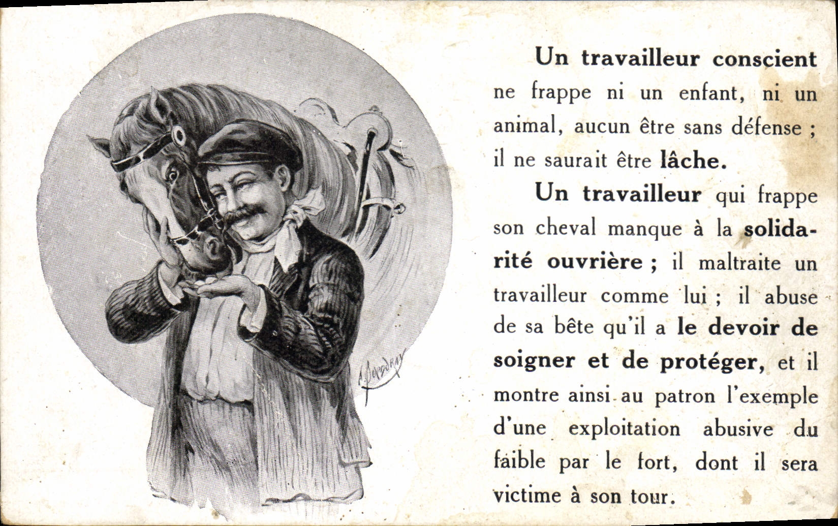Un travailleur conscient — caricature d'un homme caressant un cheval — éditeur V. & Machard