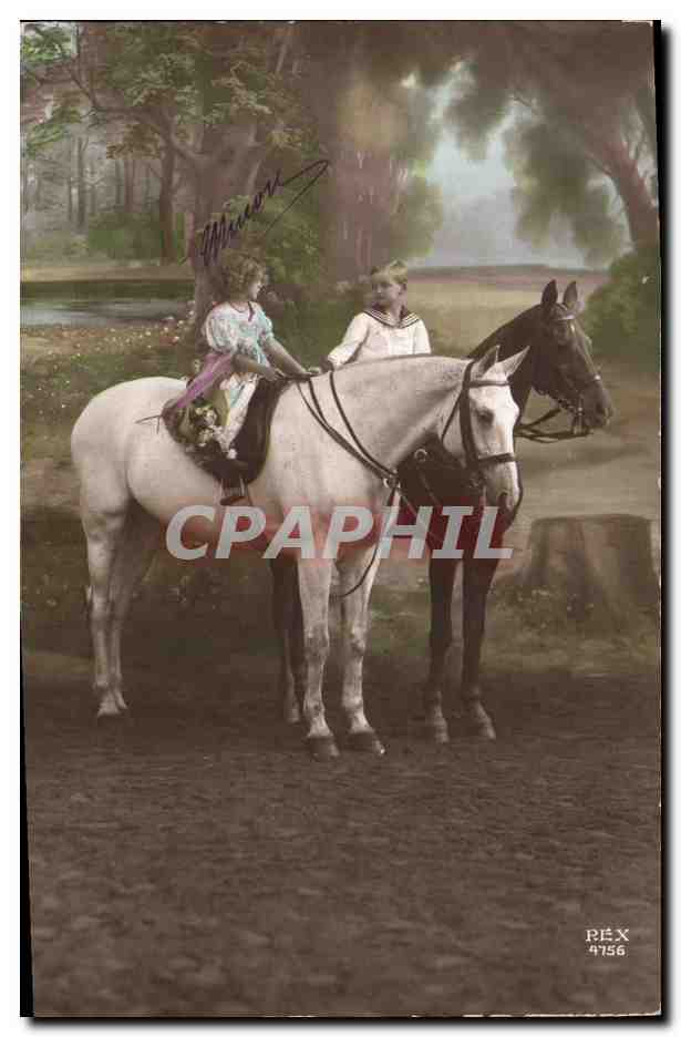 Deux enfants à cheval — scène de forêt — PEX 4756