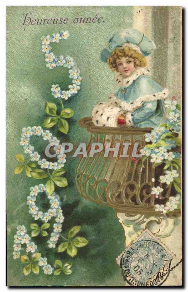 Fille sur balcon — 'Heureuse année' — éditeur inconnu, n° de série non visible