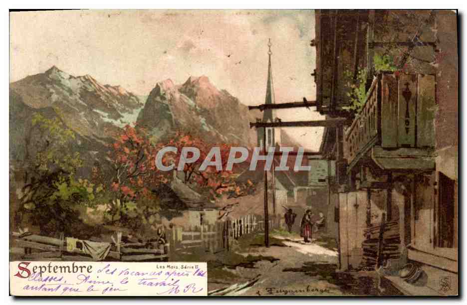 Les Moza, Series II — View of a mountain village with church — Publisher Les Moza