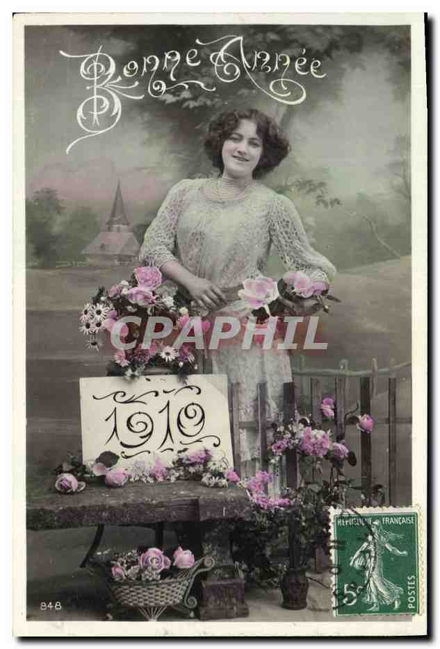Frau mit Blumenstrauß — Frohes Neues Jahr 1910 — unbekannter Verlag, Nr. 848