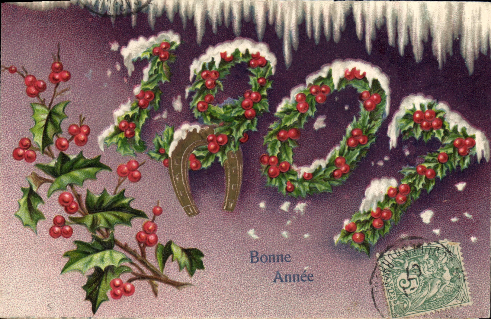 Bonne Année 1902 — décor de houx et glace — S.A.B. Paris