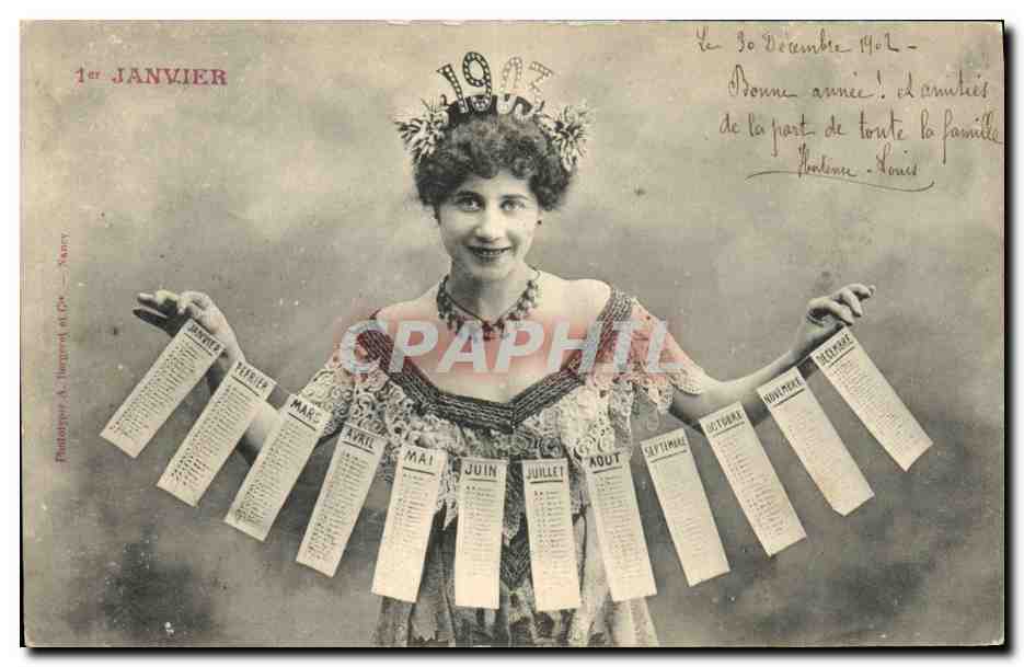 Femme en couronne de 1907 tenant les douze mois — Photographe A. Nargueil & Cie, Nancy