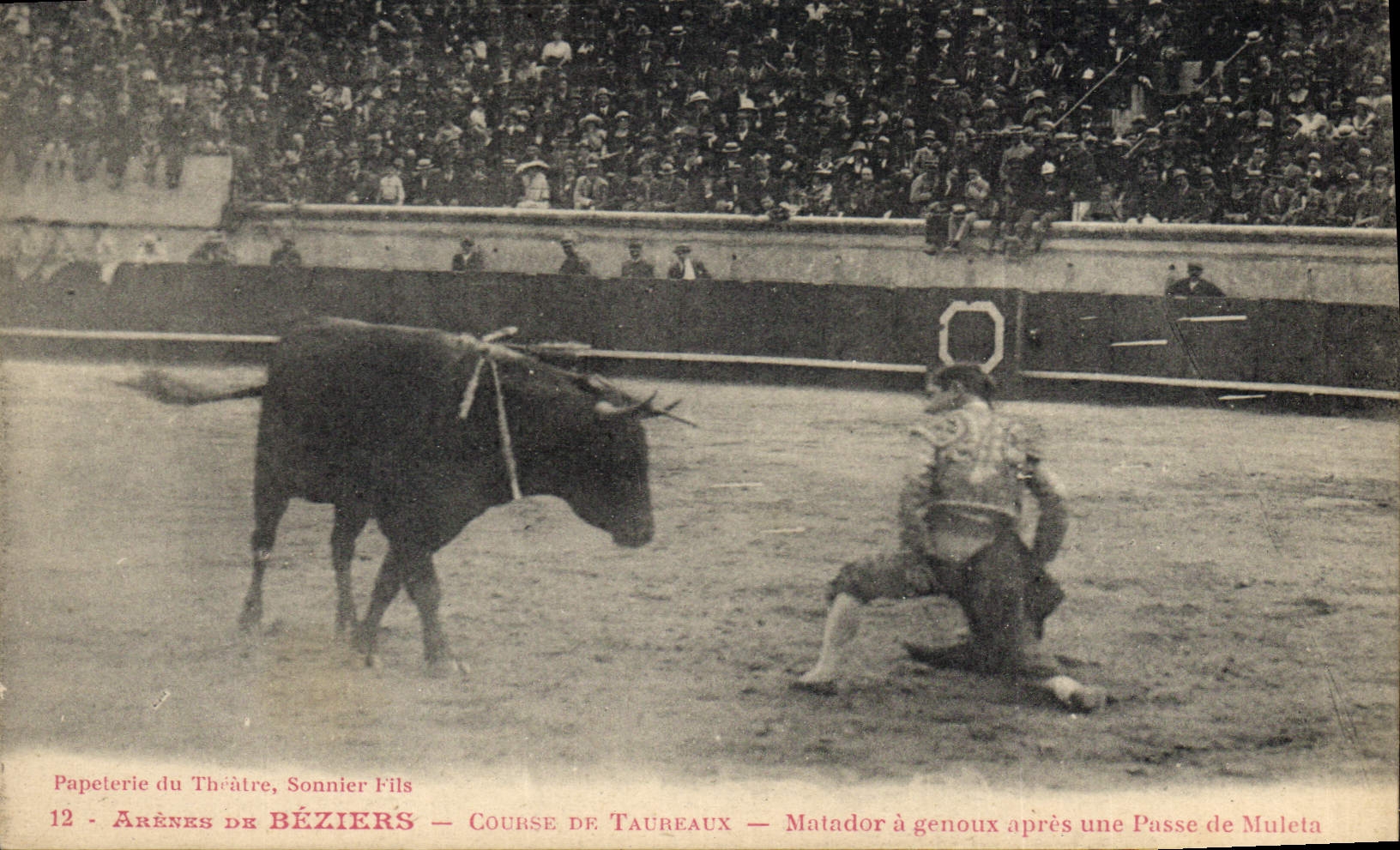 Arènes de Béziers — Course de taureaux — Matador à genoux après une passe de muleta