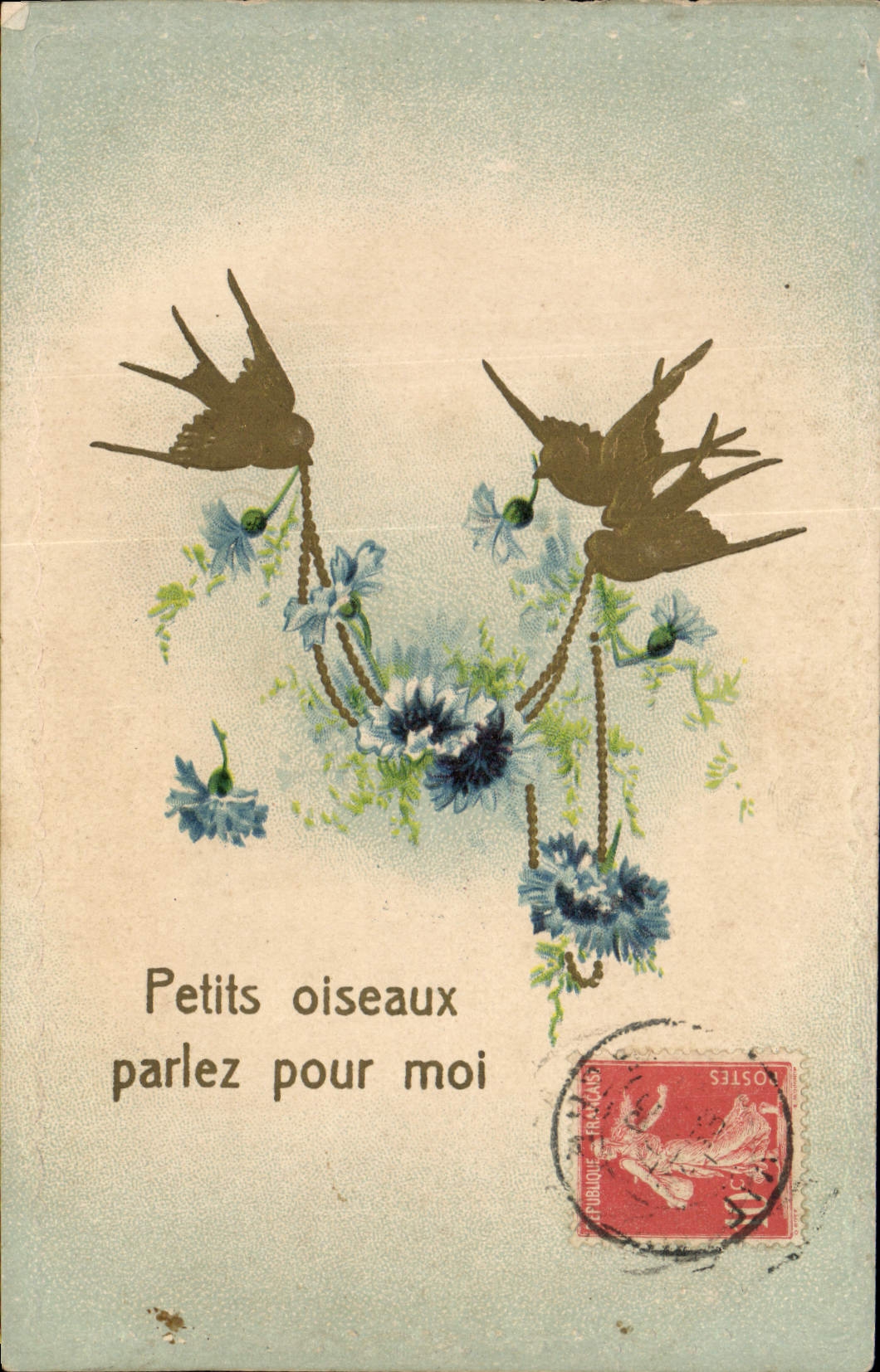 CPA Fantaisie Fleurs Hirondelles 
