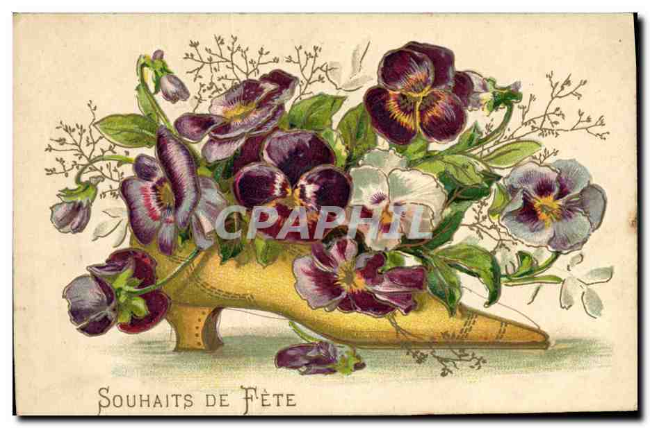 Fleurs dans un soulier — Souhaits de Fête — Chromo A. Sénécaut, N° II