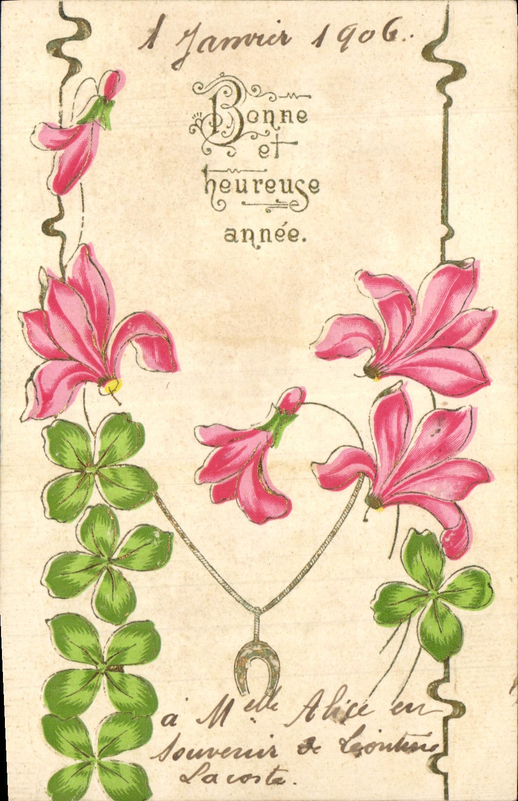 CPA Fantaisie Fleurs Trefles Fer a cheval 
